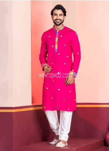 Pink Embroidered Kurta Pajama In Rayon