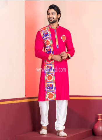 Pink Rayon Embroidered Kurta Pajama
