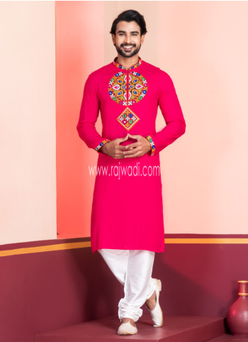 Pink Rayon Embroidered Kurta Pajama