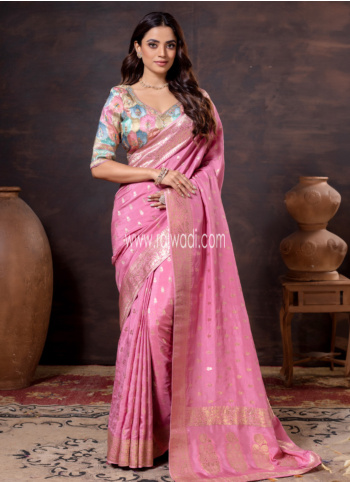 Pink Woven Banarasi Silk Saree With Readymade Choli