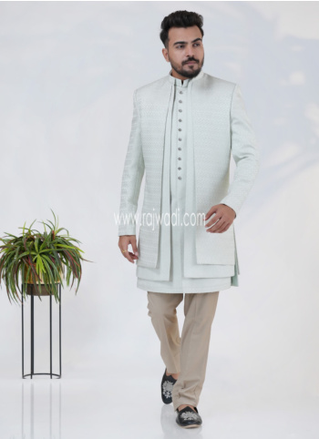 Pista Green Silk Embroidered Indowestern Set For Men