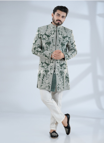 Pista Green Thread Embroidered Velvet Indowestern Set