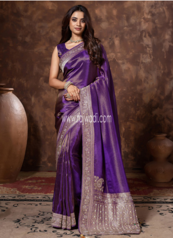 Purple Embroidered Shimmer Silk Saree