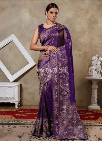 Purple Embroidered Silk Saree