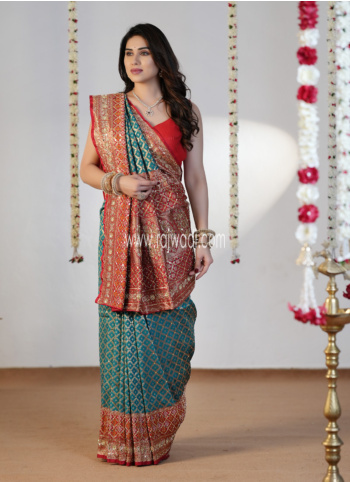 Rama Wedding Bandhani Saree With Embroidered Work