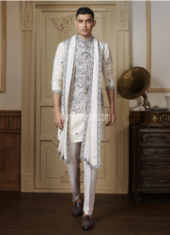 Readymade Cotton Silk Embroidered Nehru Jacket Set For Men