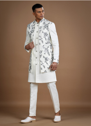 Readymade Silk Sequins Embroidered Nehru Jacket Set For Men
