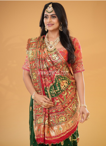 Red And Green Pure Gajji Silk Bridal Gharchola Saree