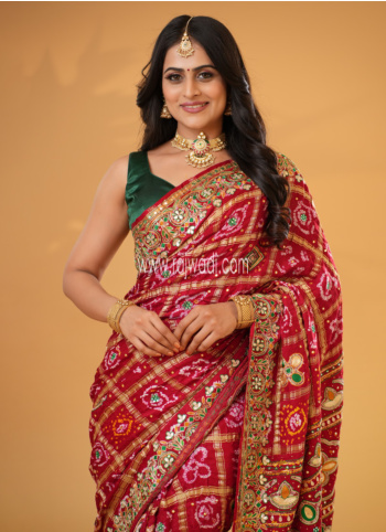 Red Bride Wear Pure Bandhani Gajji Silk Gharchola