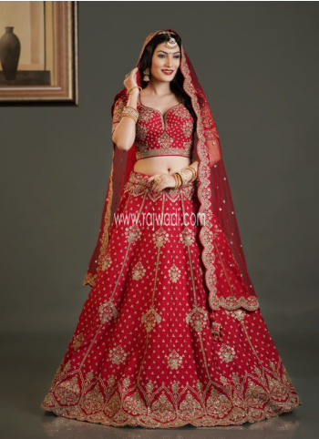 Red Embroidered Raw Silk Lehenga Choli For Bride