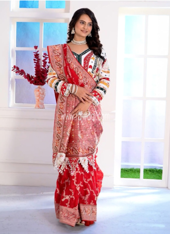 Red Embroidered Silk Saree With Readymade Blouse