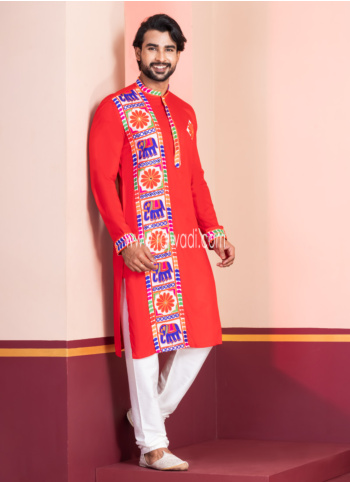 Red Rayon Embroidered Kurta Pajama