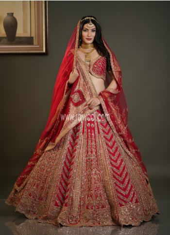 Mesmerizing Red Embroidered Lehenga Choli With Two Dupattas