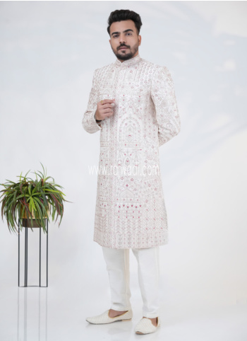 Rose Gold Thread Embroidered Silk Sherwani Set For Groom