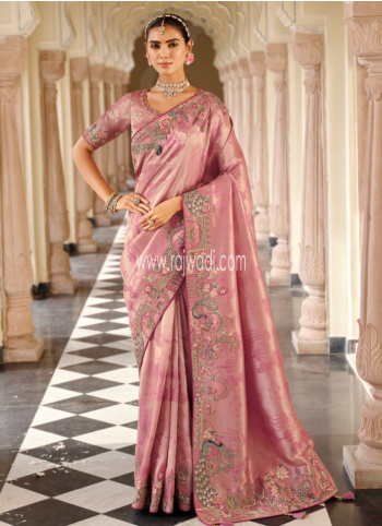 Rose Pink Silk Embroidered Saree