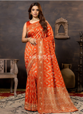 Rust Orange Embroidered Silk Saree