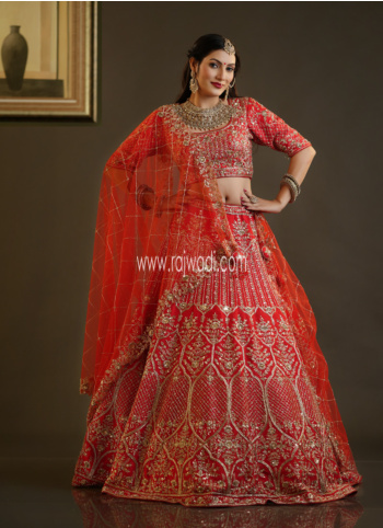 Rust Color Handcrafted Zardosi Embellished Raw Silk Bridal Lehenga Choli