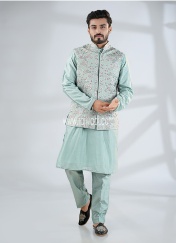 Sea Green Silk Wedding Wear Nehru Jacket Set