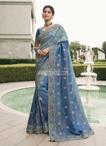 Shaded Blue Tissue Silk Saree With Embroidery