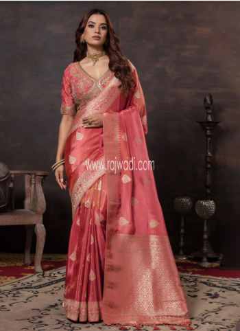 Dark Peach Zari Woven Silk Choli Saree