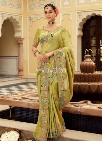Silk Embroidered Saree In Pista Green