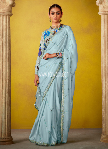 Elegant Sky Blue Sequins Embroidered Silk Saree