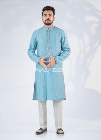 Sky Blue Embroidered Kurta Pajama For Men