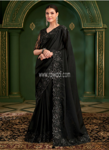 Black Embroidered Chiffon Silk Saree