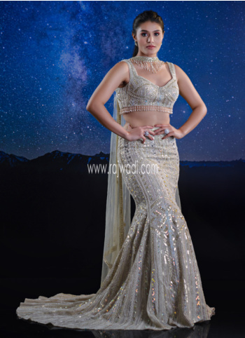 Stunning Golden Cream Hand Embroidered Fish Cut Lehenga Choli