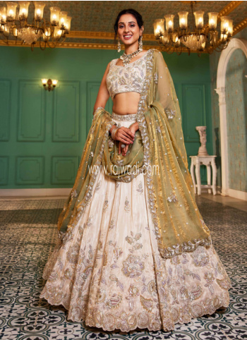 Stunning Off White Embroidered Tissue Silk Lehenga Choli