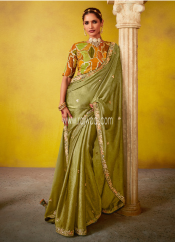 Stunning Olive Green Hand Embroidered Silk Saree