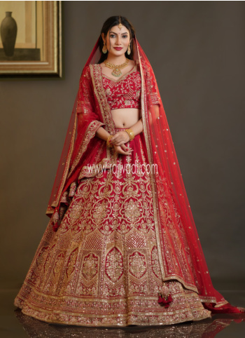 Stunning Red Heavy Embroidered Raw Silk Lehenga Choli With Two Dupattas