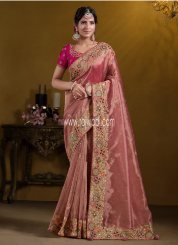 Rose Gold Embroidered Organza Silk Saree