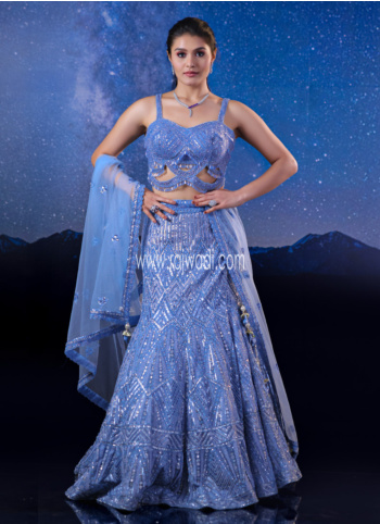 Stunning Sky Blue Hand Embroidered Lehenga Choli With Dupatta