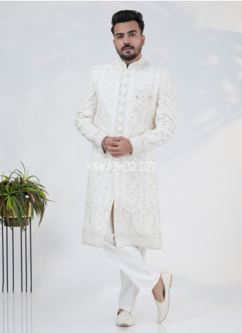Stylish Embroidered Cream Silk Sherwani For Groom