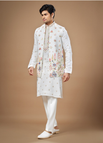 Stylish Off White Thread Embroidered Nehru Jacket Set