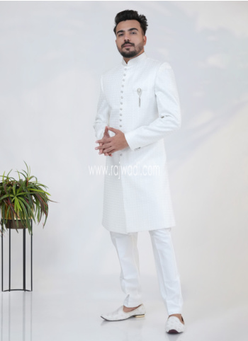 Stylish White Silk Sherwani For Groom