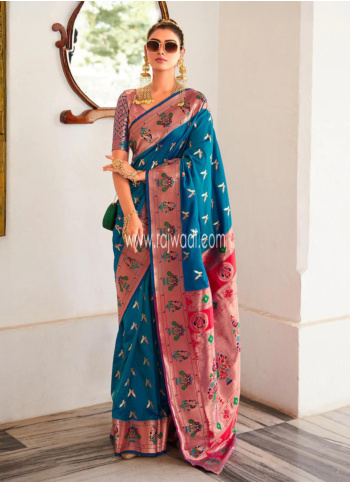 Teal Blue Paithani Silk Festive Wear Saree