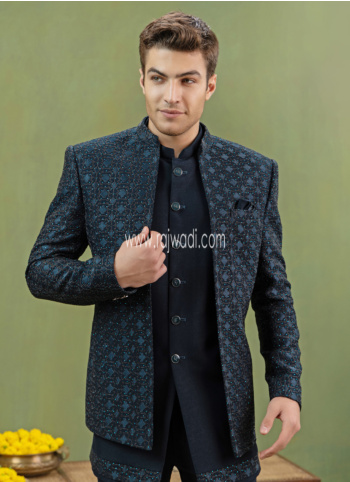 Teal Blue Silk Indowestern Set With Embroidered Jacket