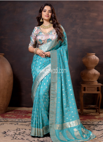 Teal Blue Banarasi Silk Saree With Readymade Blouse