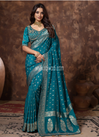 Teal Blue Woven Banarasi Silk Saree With Readymade Choli