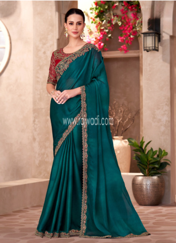 Teal Green Embroidered Chiffon Fabric Saree