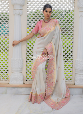 White Shimmer Silk Embroidered Saree For Wedding
