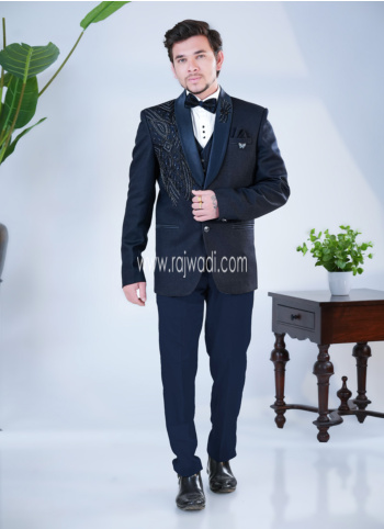 Trendy Blue Embroidered Imported Fabric Tuxedo Suit
