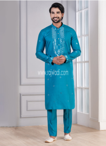 Turquoise Embroidered Cotton Silk Kurta Pajama