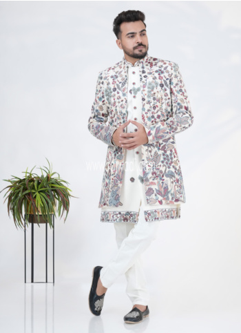 Velvet Designer Embroidered Indowestern In Cream