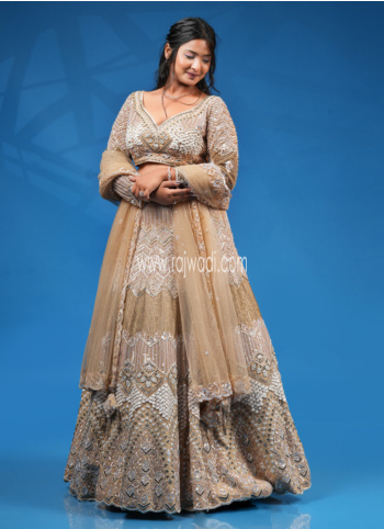 Gold Raw Silk Hand Embroidered Bridal Lehenga Set With Net Dupatta