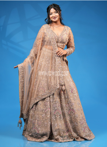 Dark Beige Hand Embroidered Bridal Lehenga Set For Wedding