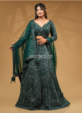 Bottle Green Hand Embroidered Bridal Lehenga And Choli Set With Dupatta