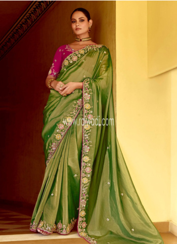 Wedding Special Pista Green Embroidered Silk Saree